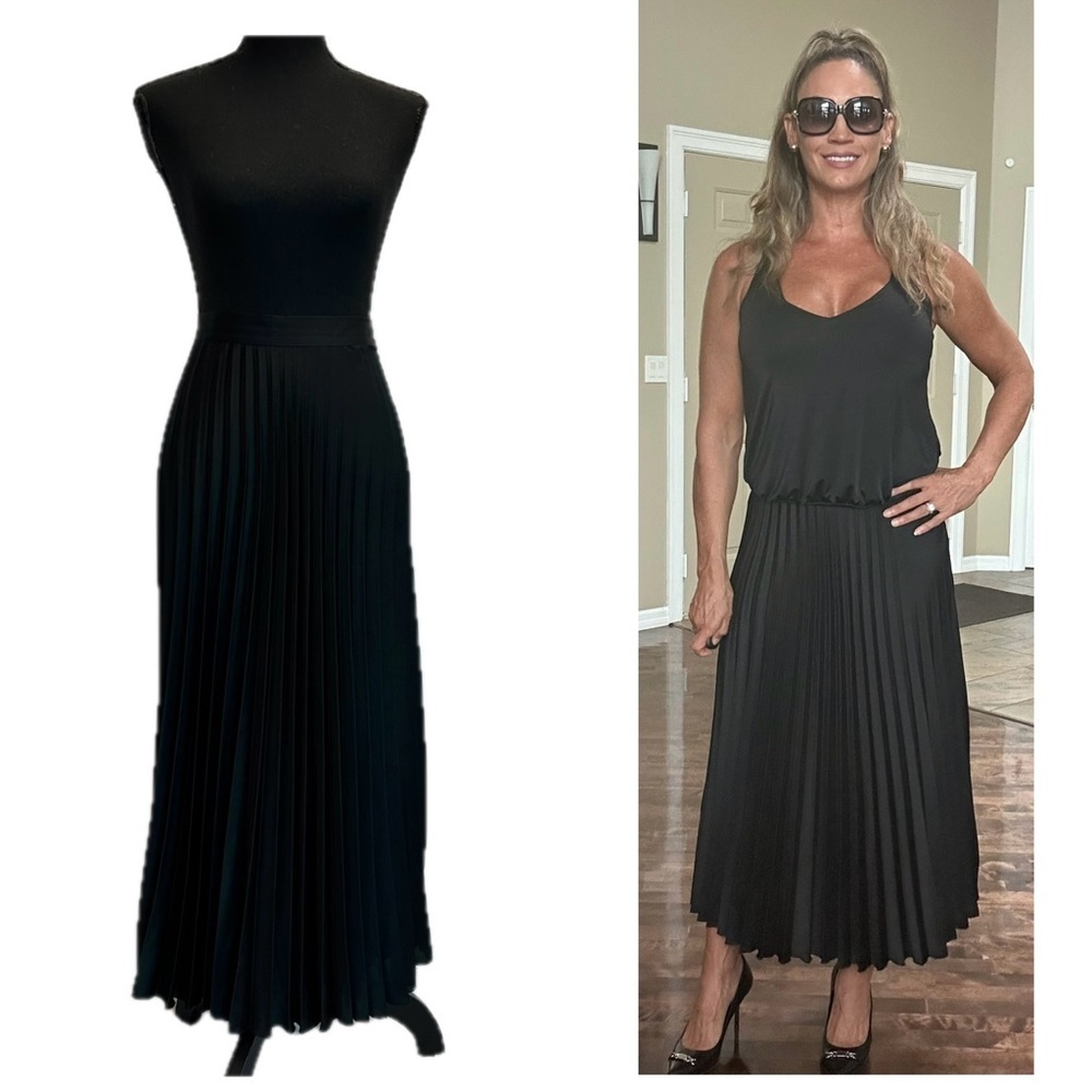 Zara black satin effect pleated A-line midi skirt classy Sz M